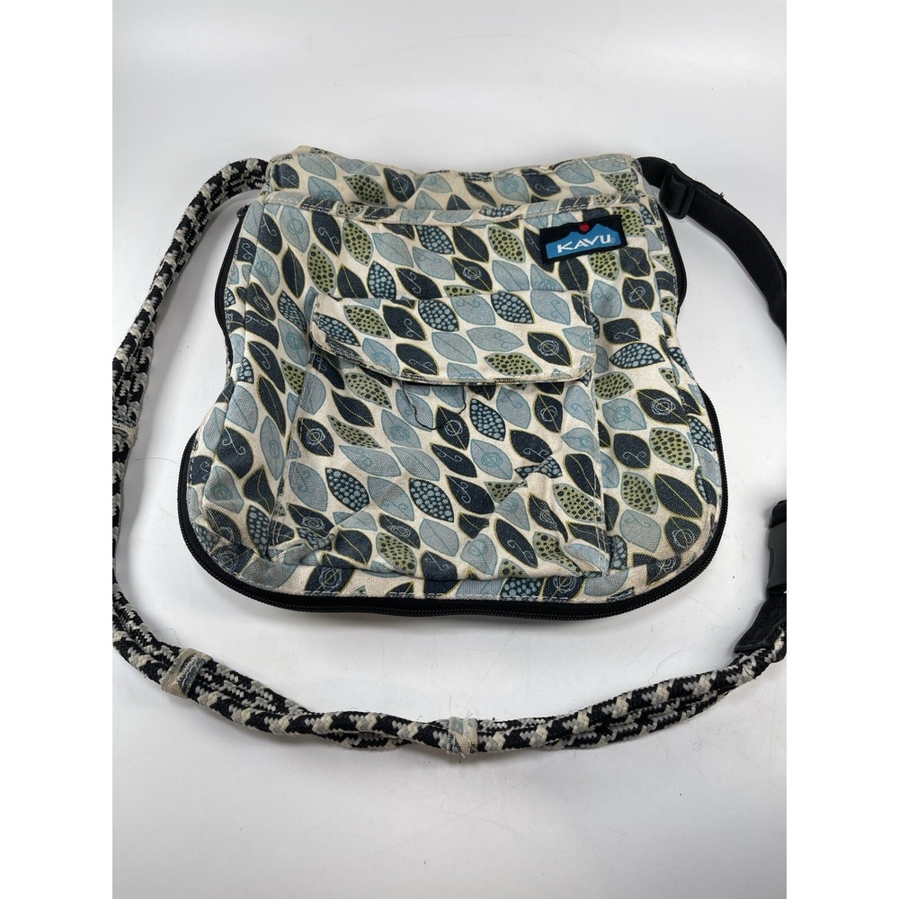 Kavu Leaves Rope Sling Expandable Crossbody Messenger Bag Beige Blue Medium